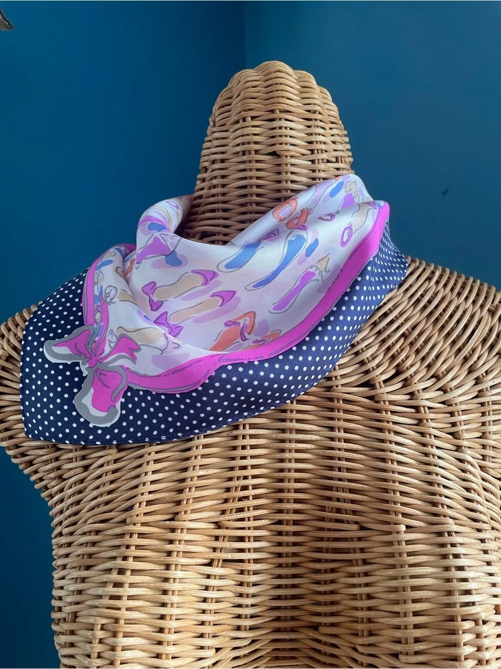 Lilly Pulitzer Vintage Shoe Print Square Silk Scarf Pink Navy Polka Dots EUC 18”